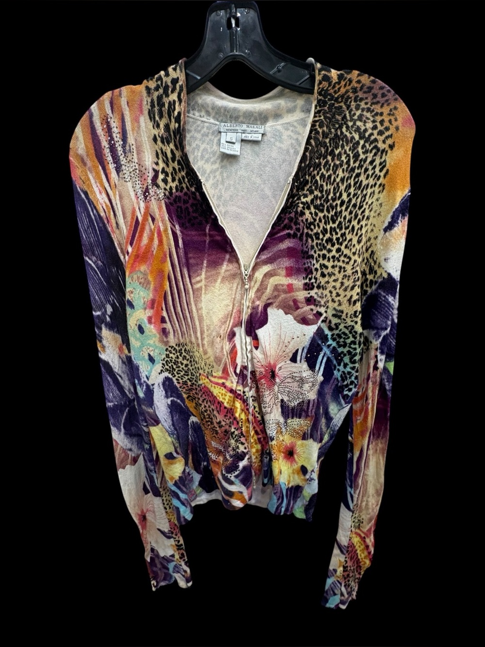 Alberto Makali Leopard Floral Rhinestone Zip Up Jacket Top Size S